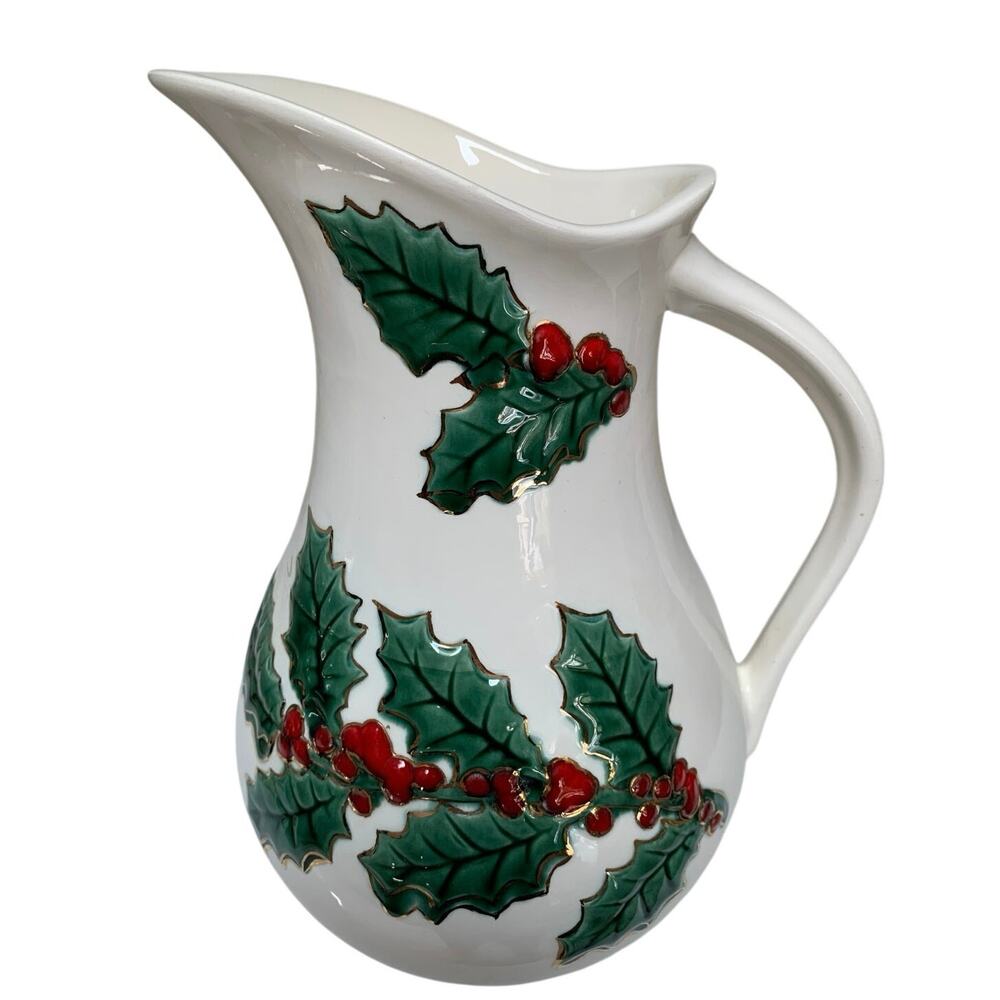 Vintage Holland Mold Ceramic Holly Berry Holiday Pitcher Gold Edging Large